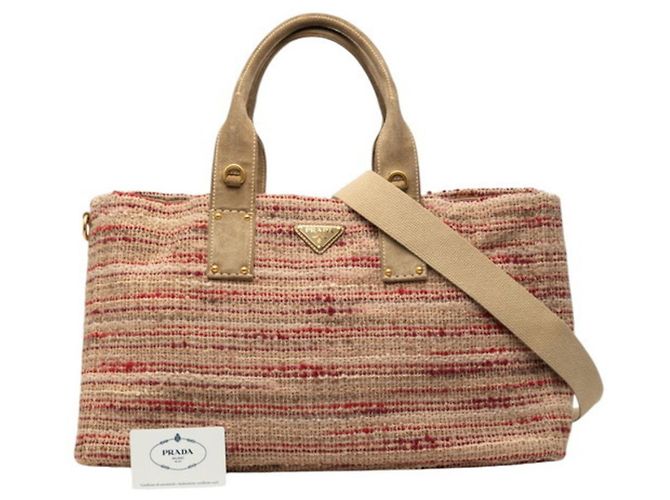 Bolso Tote Prada de canapa con placa de logo triangular Roja Multicolor Beige - vista 6