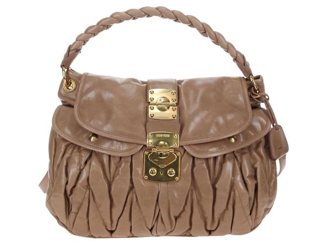 Borsa a spalla Miu Miu Matelassé Vitellolux 2way Beige Gold Auth 197216V D'oro - vista 2