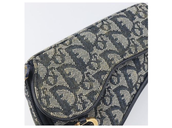 Pouch Saddle in tela Trotter Christian Dior Navy Gold Auth 199228 D'oro Blu navy - vista 12