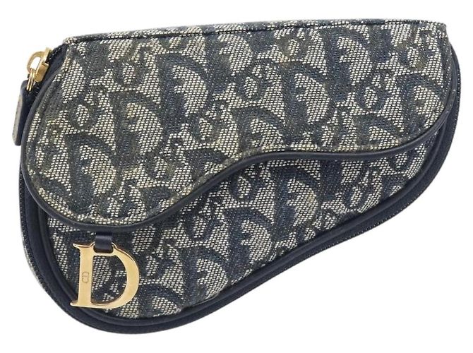 Pouch Saddle in tela Trotter Christian Dior Navy Gold Auth 199228 D'oro Blu navy - vista 2
