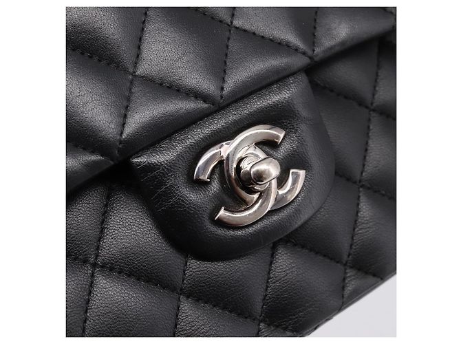 Sac CHANEL Double Flap Chain Matelasse 23 en agneau noir et argent Auth yk20812SAM Argenté - vue 14