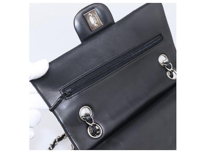Sac CHANEL Double Flap Chain Matelasse 23 en agneau noir et argent Auth yk20812SAM Argenté - vue 15