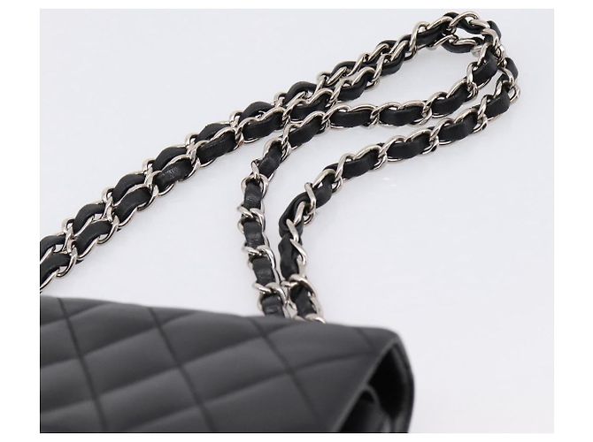 Sac CHANEL Double Flap Chain Matelasse 23 en agneau noir et argent Auth yk20812SAM Argenté - vue 8