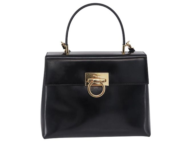 Borsa Salvatore Ferragamo Gancini in vernice 2way Nera Tono Oro Auth 200642 Nero - vista 2