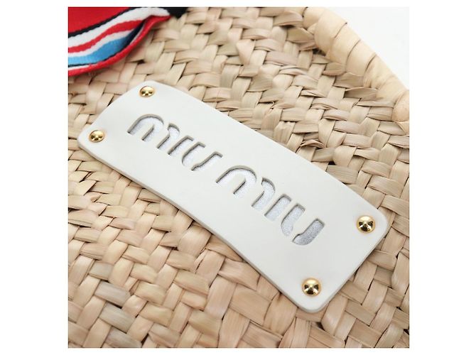 Miu Miu Strohhandtasche Raffia Beige Gold Auth 196583M Golden - Ansicht 17