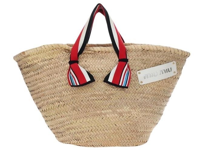 Miu Miu Strohhandtasche Raffia Beige Gold Auth 196583M Golden - Ansicht 2