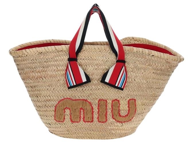Miu Miu Strohhandtasche Raffia Beige Gold Auth 196583M Golden - Ansicht 3