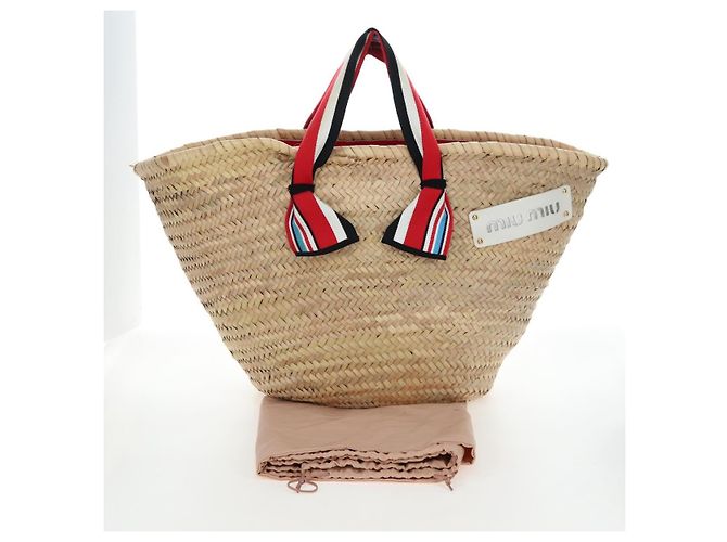Miu Miu Strohhandtasche Raffia Beige Gold Auth 196583M Golden - Ansicht 30