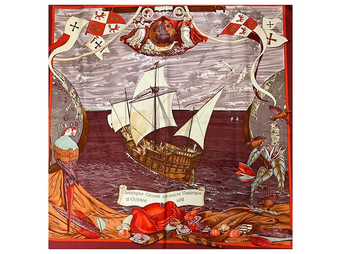 Hermès Hermes Burgundy Multi Christophe Colomb Decouvre l’Amerique Seidentwill-Schal Bordeaux - Ansicht 3