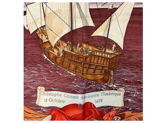 Hermès Hermes Burgundy Multi Christophe Colomb Decouvre l’Amerique Seidentwill-Schal Bordeaux - Ansicht 4