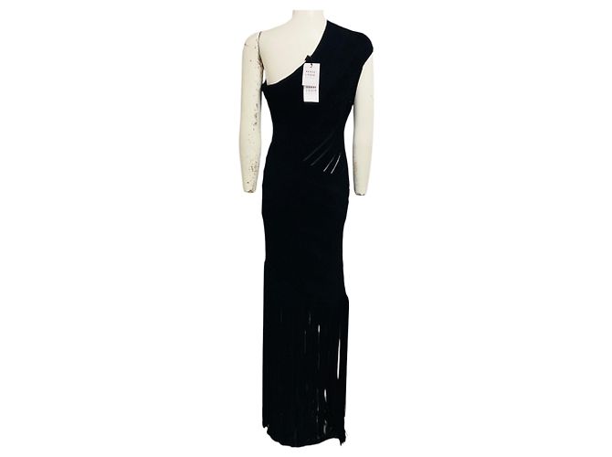 Herve Leger einschultriges Maxikleid aus schwarzem geripptem Chenille-Strick mit Fransenborte - Ansicht 3