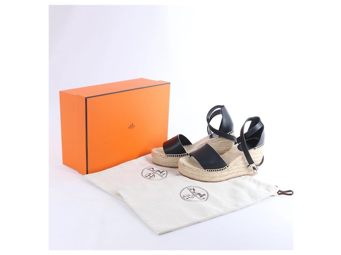 Sandali con zeppa Hermès Tivoli Hemp x Leather in Beige x Black 191098Z, Taglia EU 37 - vista 12