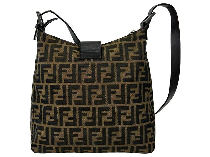 Fendi Vintage Zucca FF Pattern Canvas Leather Shoulder Bag Brown Black - view 3