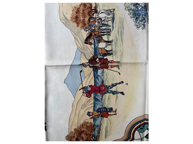 Hermès "The Royal and Ancient Game of Golf" Silk Square Scarf Brown White Red Blue Gold hardware - view 11
