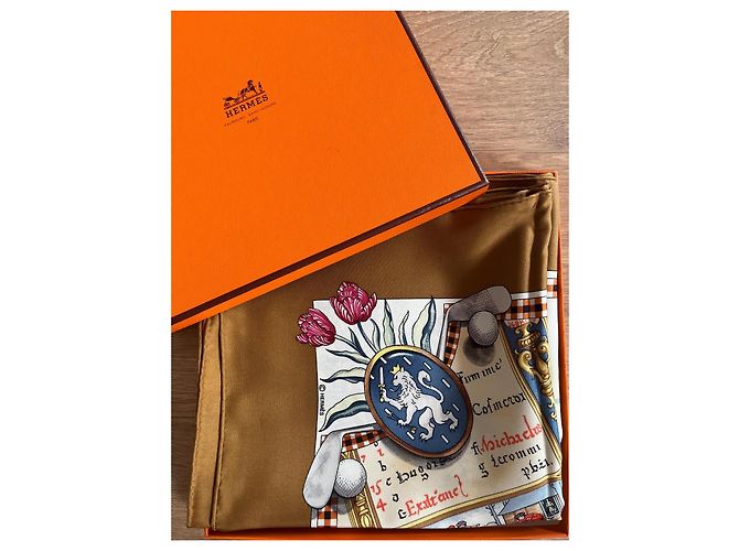 Hermès "The Royal and Ancient Game of Golf" Silk Square Scarf Brown White Red Blue Gold hardware - view 2