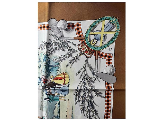 Hermès "The Royal and Ancient Game of Golf" Silk Square Scarf Brown White Red Blue Gold hardware - view 3