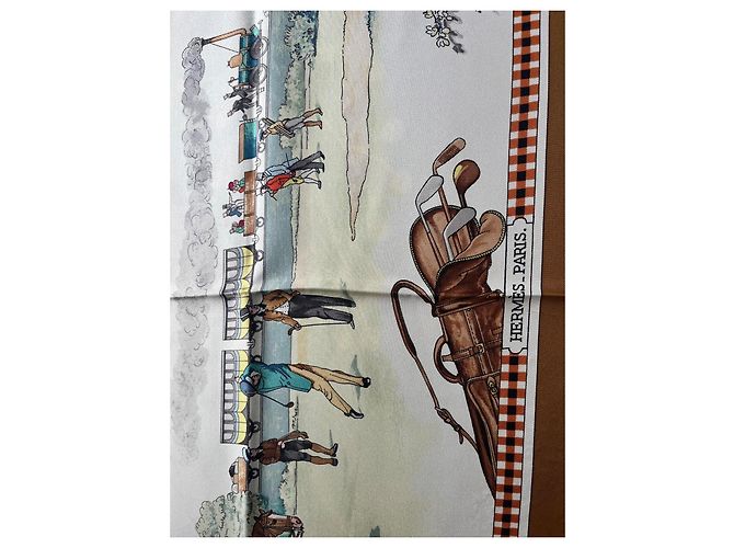 Hermès "The Royal and Ancient Game of Golf" Silk Square Scarf Brown White Red Blue Gold hardware - view 4