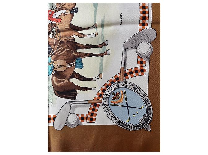 Hermès "The Royal and Ancient Game of Golf" Silk Square Scarf Brown White Red Blue Gold hardware - view 5