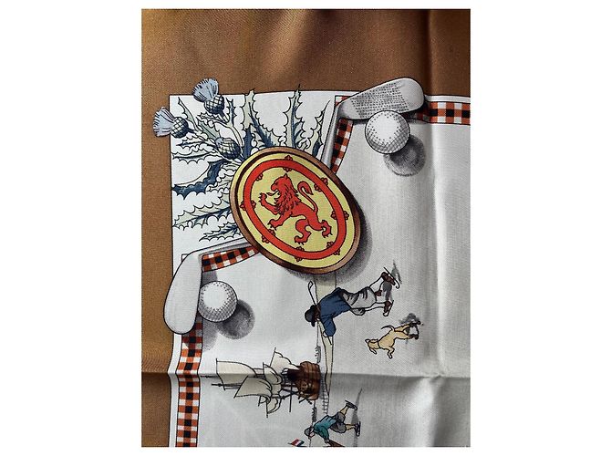 Hermès "The Royal and Ancient Game of Golf" Silk Square Scarf Brown White Red Blue Gold hardware - view 8