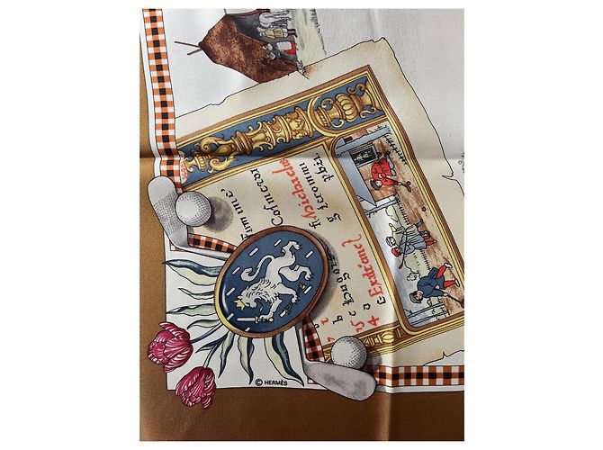 Hermès "The Royal and Ancient Game of Golf" Silk Square Scarf Brown White Red Blue Gold hardware - view 9