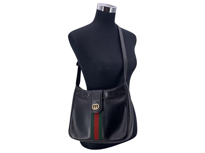 Gucci Vintage Black Leather Sherry Line Web Hobo Schultertasche Schwarz - Ansicht 2
