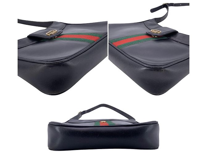 Gucci Vintage Black Leather Sherry Line Web Hobo Schultertasche Schwarz - Ansicht 4