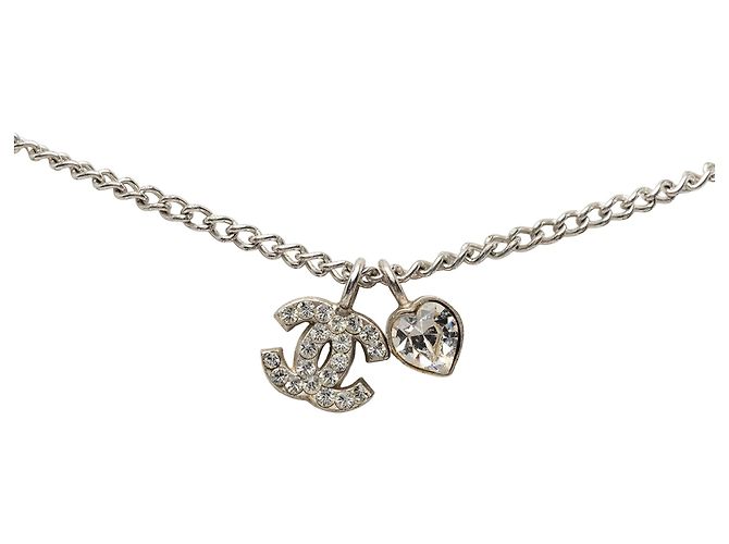 Collana con mini ciondolo a cuore Chanel in ottone e strass Silver CC Argento - vista 2