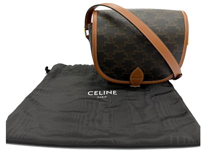 Céline Celine Brown Medium Triomphe Coated Canvas Folco Crossbody Marrone Marrone scuro - vista 10