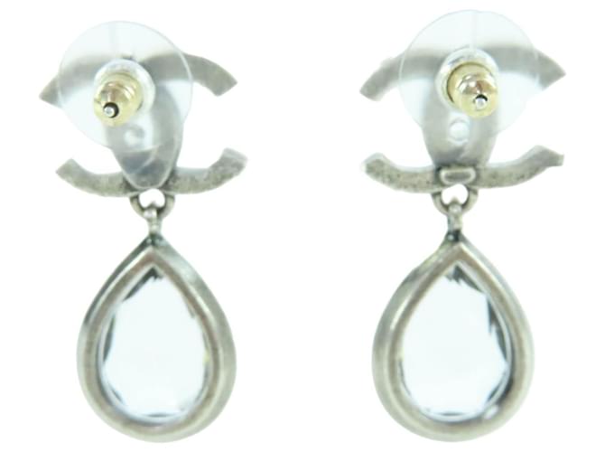 Orecchini Chanel Silver CC Brass Strass Teardrop Drop Push Back Argento - vista 2