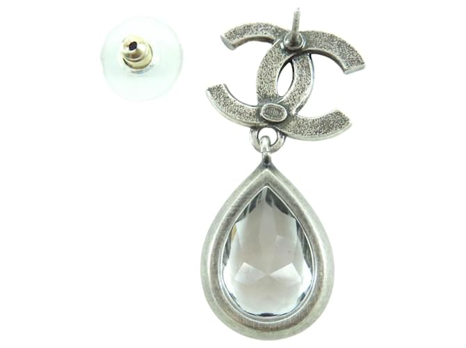 Orecchini Chanel Silver CC Brass Strass Teardrop Drop Push Back Argento - vista 3