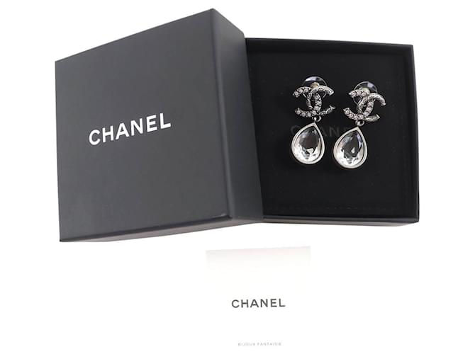 Orecchini Chanel Silver CC Brass Strass Teardrop Drop Push Back Argento - vista 7