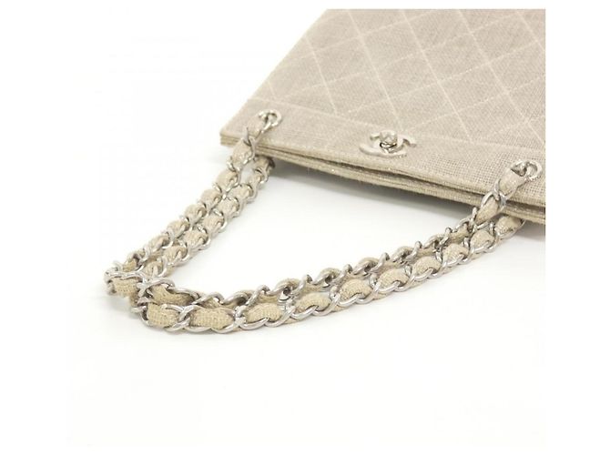 Bolsa Chanel de linho bege com ferragens prateadas - vista 7