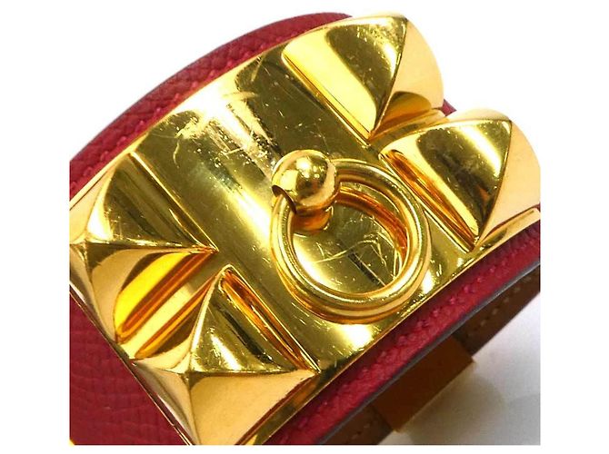 Hermès Bracciale Charm Hermes in Oro e Pelle Rossa Rosso D'oro - vista 7