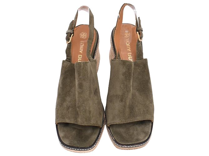 Sandali espadrillas slingback con tacco Tory Burch in camoscio olive Verde Verde oliva - vista 5