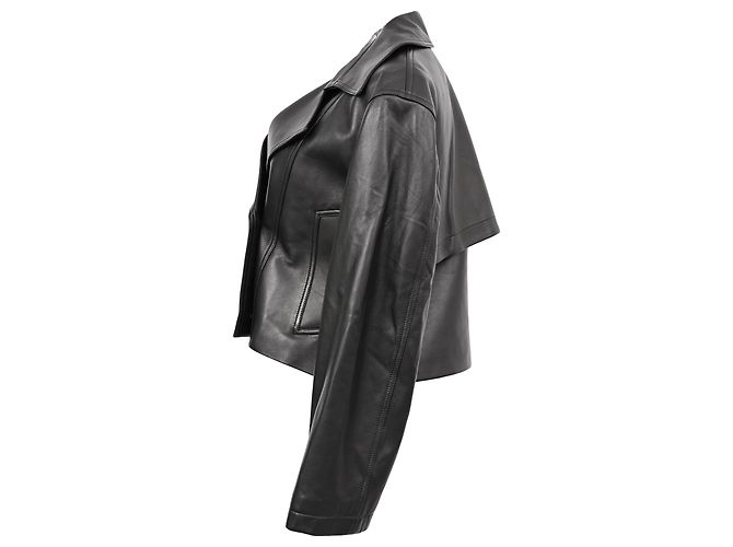 Theory Double-Breasted Cropped Jacket in Black Lamb Leather - view 2