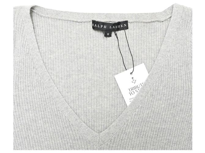 Ralph Lauren V-Ausschnitt Rippstrick-Pullover aus grauem Kaschmir - Ansicht 4