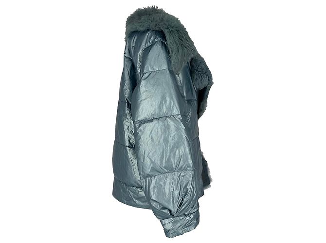 Chaqueta de plumón Prada con capucha de piel sintética en nailon azul claro - vista 3