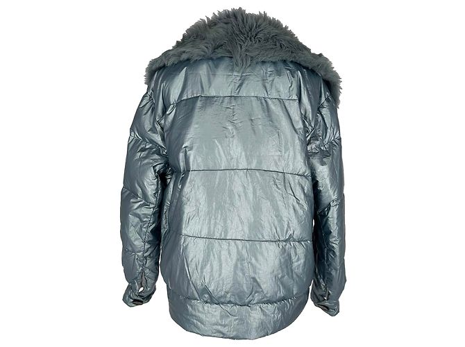 Chaqueta de plumón Prada con capucha de piel sintética en nailon azul claro - vista 4