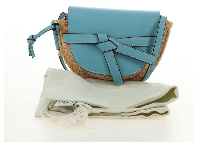 LOEWE Gate Bag Shoulder Bag Raffia Light Blue Gold - vista 12