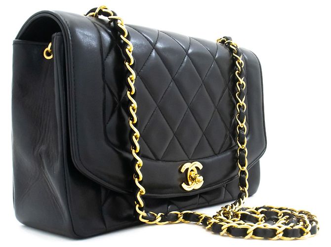 Diana Chanel Vintage Chain Curved Flap Quilted Leather Medium Nero - vista 3