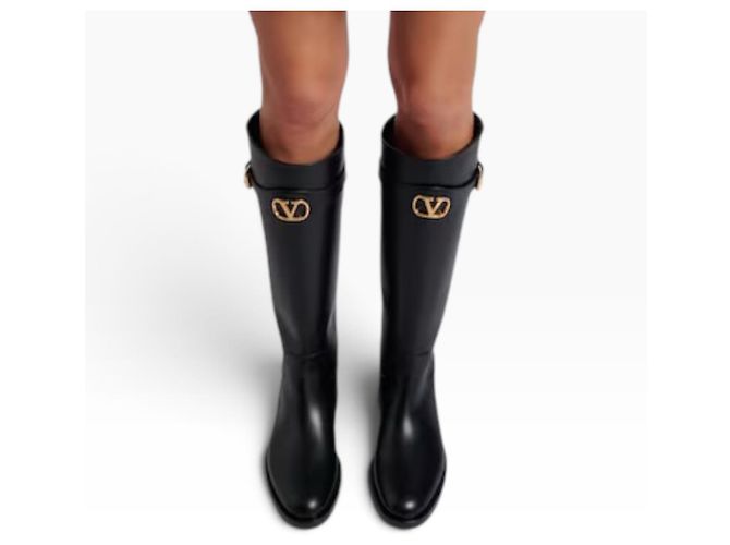Valentino Garavani Botas altas de piel VLogo Negras Negro - vista 4