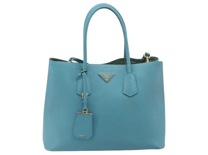 Borsa Tote PRADA Pelle Saffiano 2 vie Blu Chiaro Oro Auth 195486A D'oro - vista 13