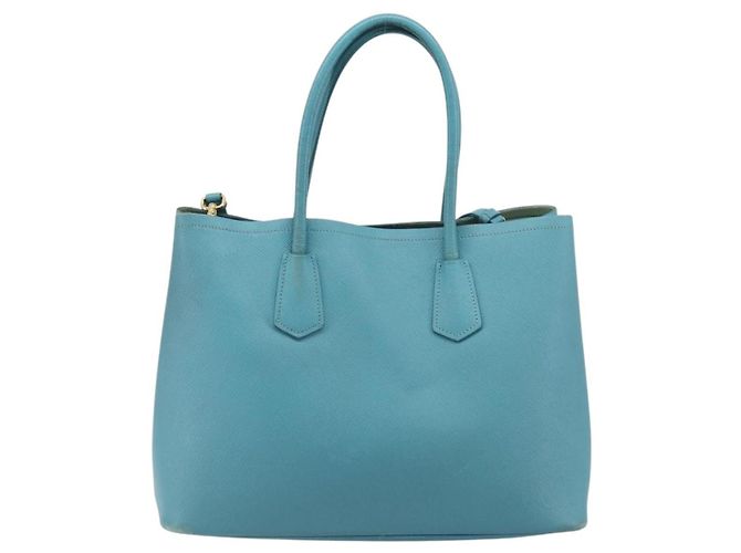 Borsa Tote PRADA Pelle Saffiano 2 vie Blu Chiaro Oro Auth 195486A D'oro - vista 2