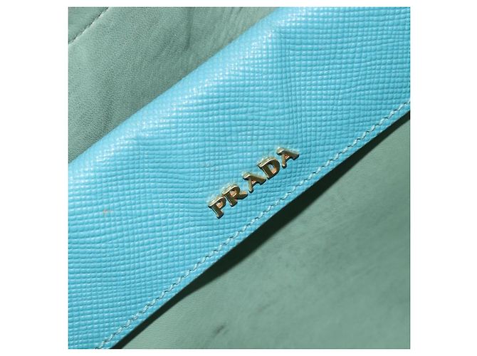 Borsa Tote PRADA Pelle Saffiano 2 vie Blu Chiaro Oro Auth 195486A D'oro - vista 22
