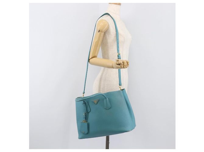 Borsa Tote PRADA Pelle Saffiano 2 vie Blu Chiaro Oro Auth 195486A D'oro - vista 27
