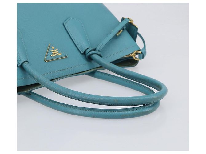 Borsa Tote PRADA Pelle Saffiano 2 vie Blu Chiaro Oro Auth 195486A D'oro - vista 7