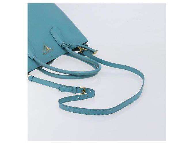 Borsa Tote PRADA Pelle Saffiano 2 vie Blu Chiaro Oro Auth 195486A D'oro - vista 9