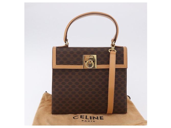 Céline Bolsa de Mão Redonda CELINE Macadam Canvas PVC Couro Marrom Dourado Auth am12348V - vista 12
