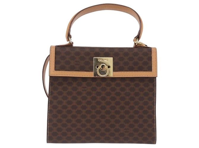 Céline Bolsa de Mão Redonda CELINE Macadam Canvas PVC Couro Marrom Dourado Auth am12348V - vista 13