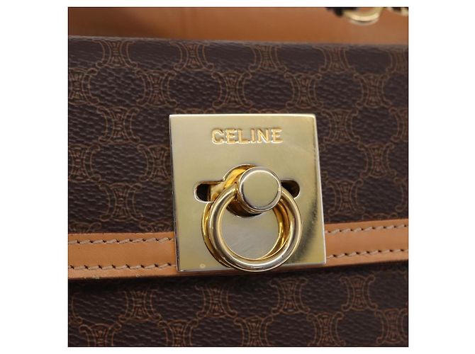 Céline Bolsa de Mão Redonda CELINE Macadam Canvas PVC Couro Marrom Dourado Auth am12348V - vista 20